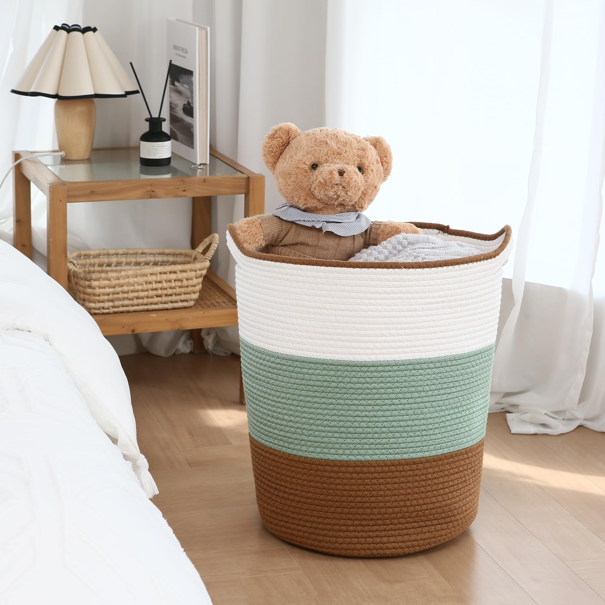Sea Team Large Size Cotton Rope Woven Storage Basket Laundry Hamper with Handles, 14 x 20 inches, Green & Brown