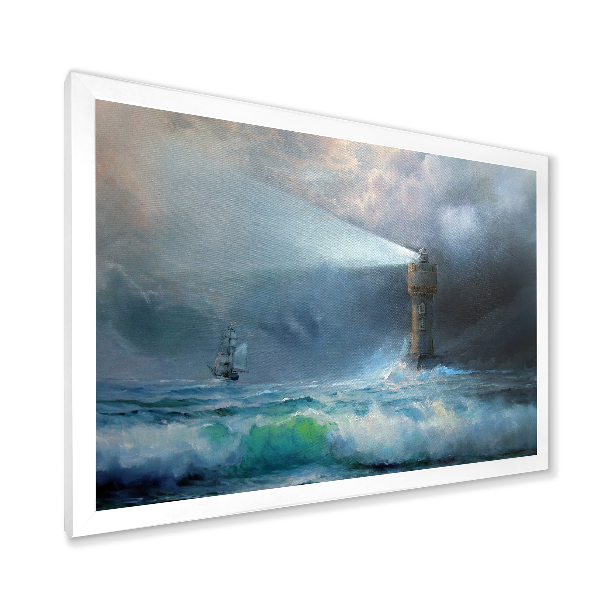 Lighthouse Shining Light During Stormy Clouds Night II 40 in x 30 in Framed Painting Canvas Art Print, by Designart