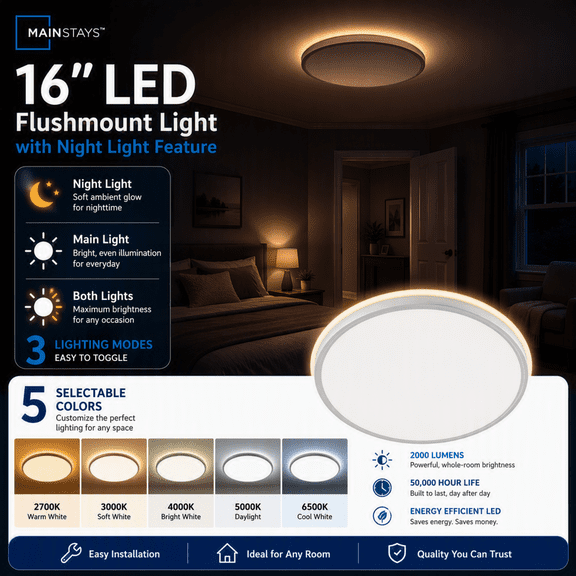 Mainstays 16-Inch Flush Mount LED Ceiling Light with 3CCT Selectable Color Temperatures, Night Light Function