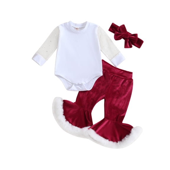 Wassery Baby Girl Christmas Outfits Clothes 6M 12M 18M 24M Toddler Long Sleeve Stars Romper  Flare Pants Headband Set 3Pcs Christmas Holiday-themed Clothing for Newborn Girls