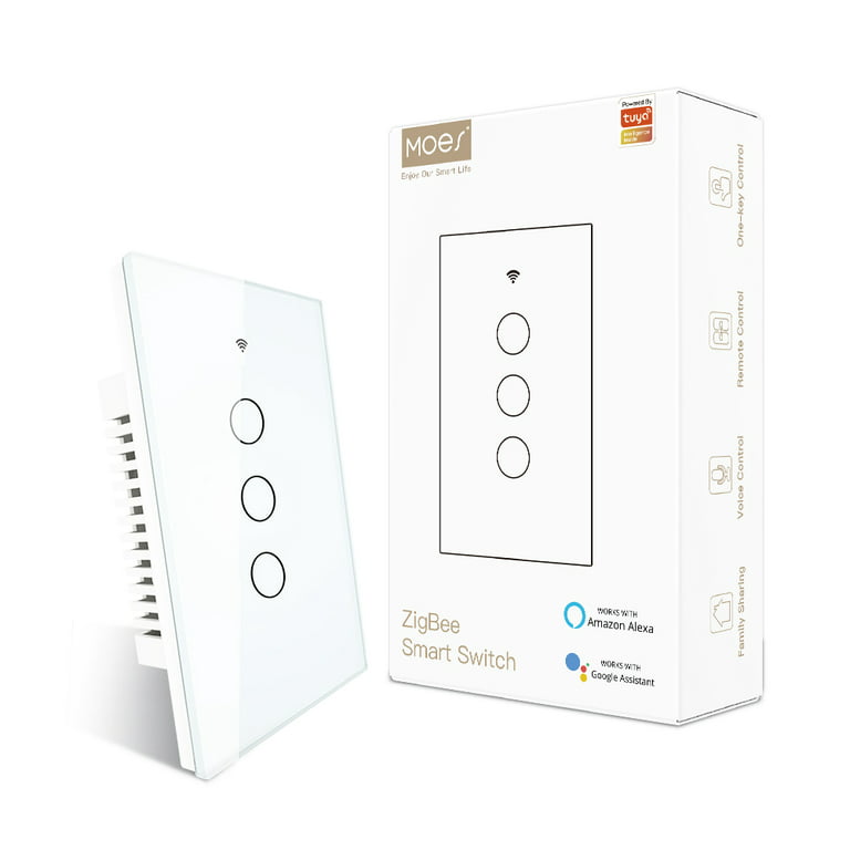 MOES Zigbee Smart Light Switch, Wall Touch Switch, Multi-Control, Glass  Panel, Remote Control, 3 Gang, White 