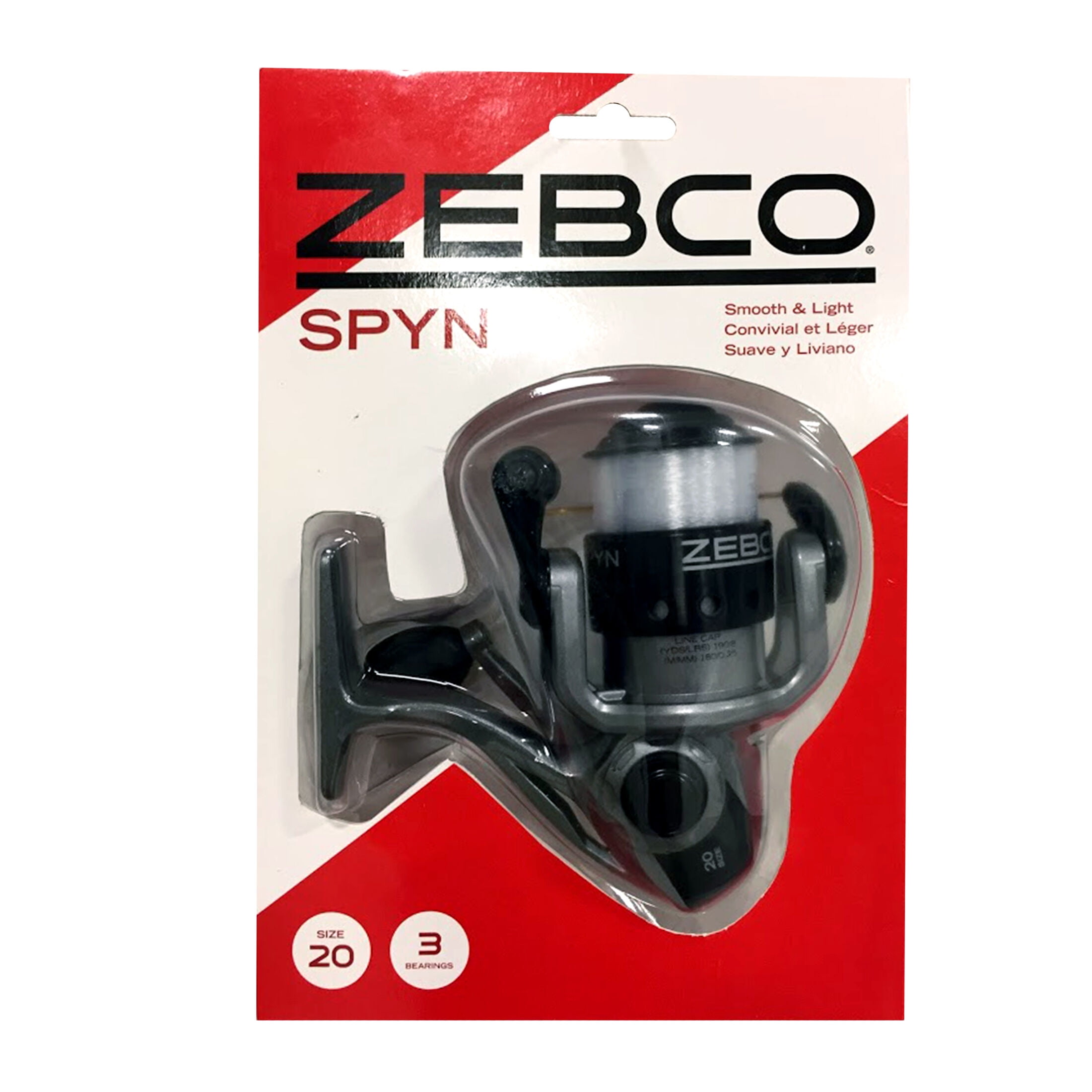 Zebco Spyn Spinning Fishing Reel, Size 20 Reel, Aluminum Spool, Super Tough Titanium-Nitride Plated Bail Wire, 5.3:1 Gear Ratio, Pre-Spooled with 8-Pound Zebco Line, Silver/Black (Clam Packaging)