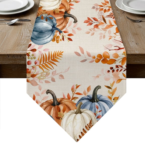 Orange Blue Pumpkins Fall Table Runner Linen Burlap Table Runner 72 Inches Long Thanksgiving Rustic Autumn Leaves Dresser Scarves for Kitchen Island Coffee Dining Room Party Holiday Decor 18"x72"