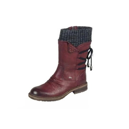 

Fangasis Women s Winter Snow Boots Flat Mid-Calf Sweater Knitted Cuff Buckles Wedge Rubber Sole Lace Up Boots Red 4.5