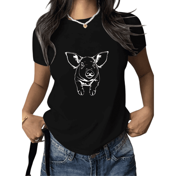 Women's Crew Neck Printed Cotton Tee Pig Line Art Graphic Casual Loose T Shirt Graphic Tees Tops Black S-5XL