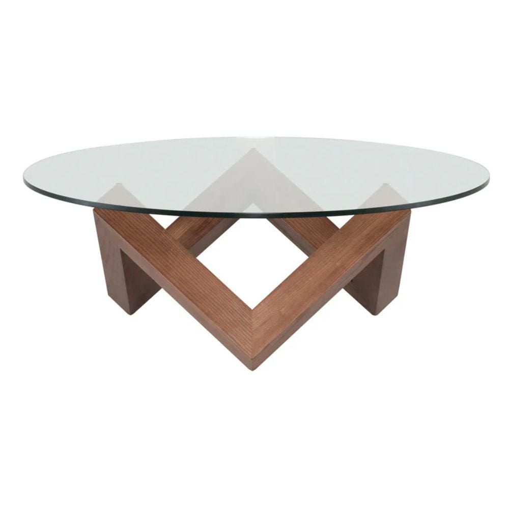 Como Round Coffee Table with Walnut stained ash base w/ Clear tempered glass top