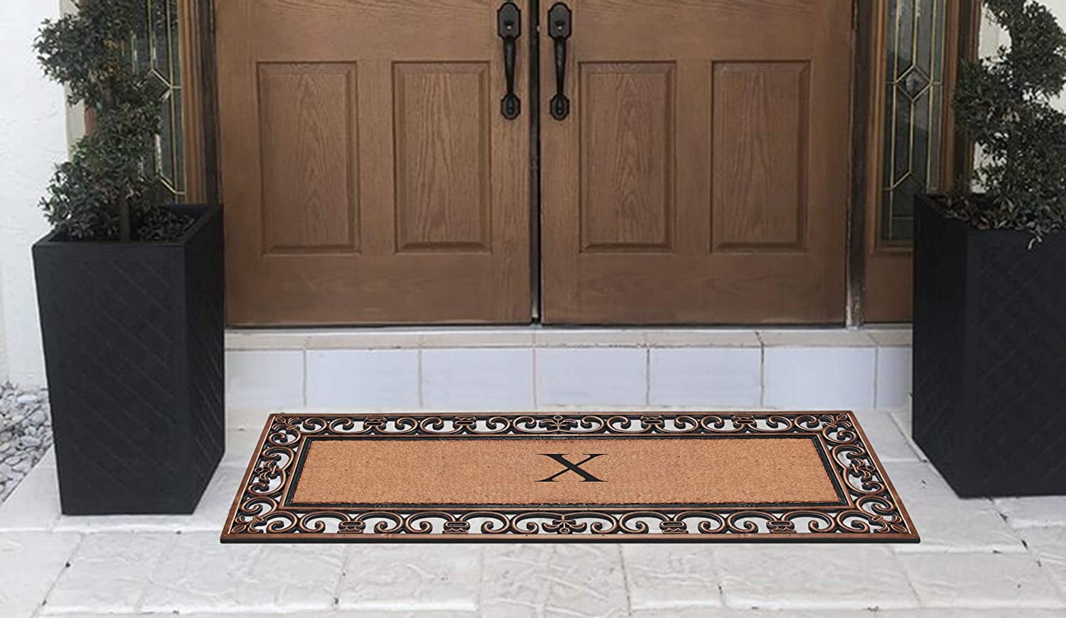 A1HC Rubber and Coir Paisley Border Myla Double Door Monogrammed E Doormat 17.71"X47.25", Bronze