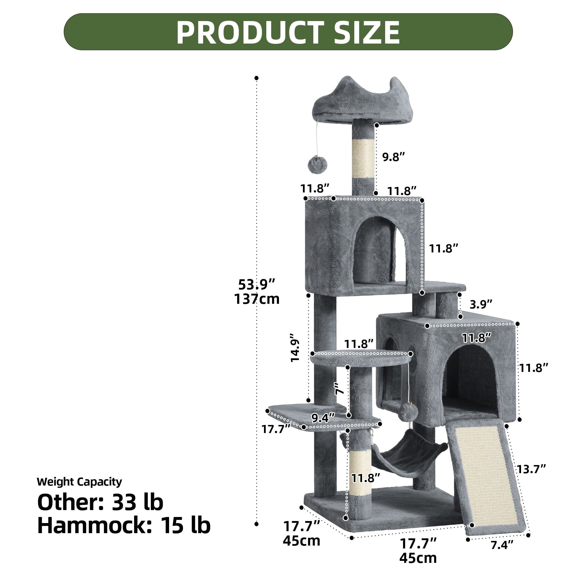 Uforic 54" Cat TreeTower with Sisal Scratching Post Tower Hammock Perch for Indoor Cats, Dark Gray