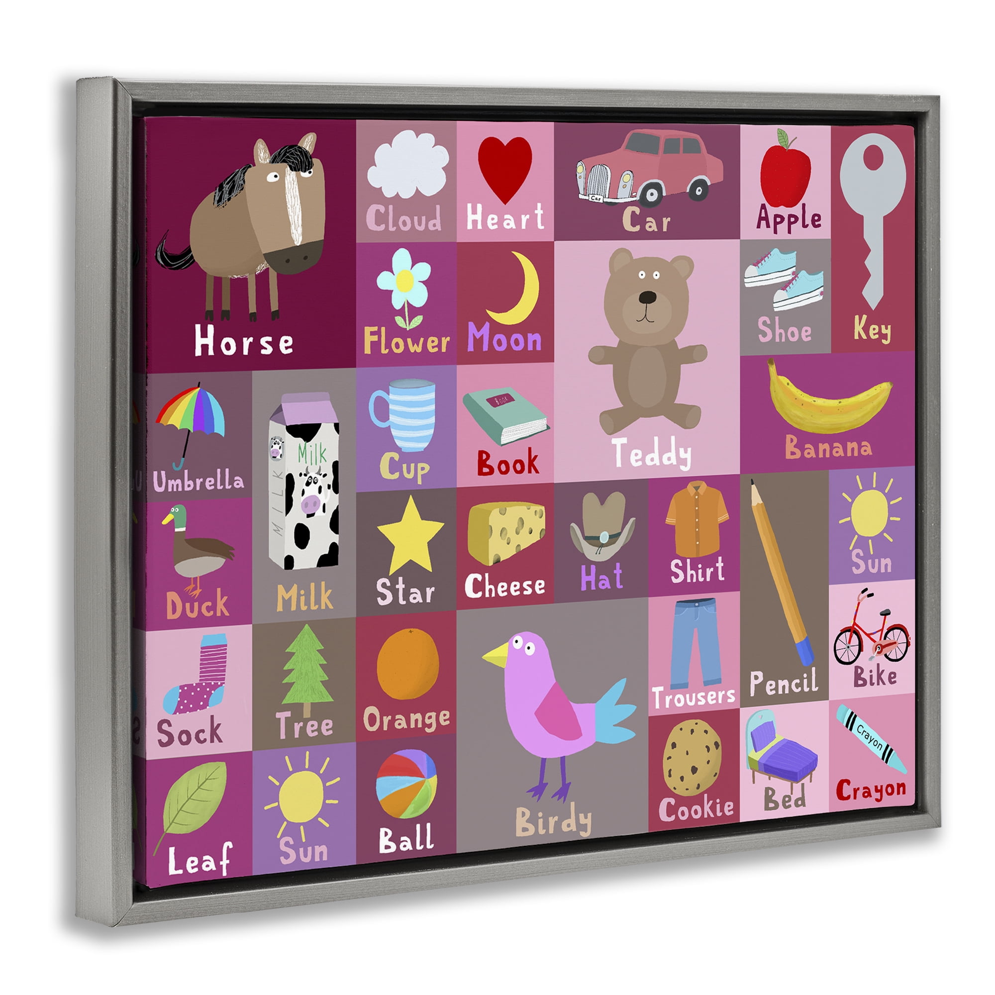 Stupell Industries Pink First Words Gray Framed Floater Canvas Wall Art, design by Carla Daly