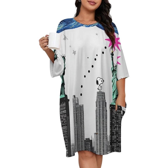 New York City Skyline with Stars Sleepshirts For Sleeping Travels Loose Sleepdress Pajama Dress Soft Nightdress Sleepwear
