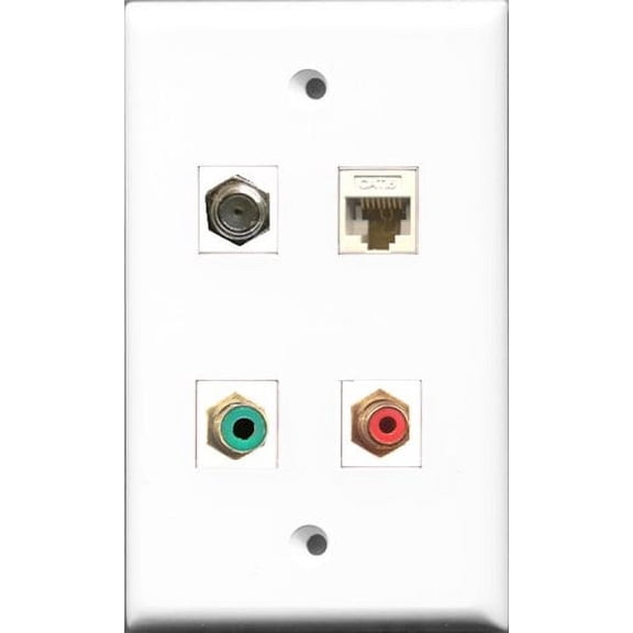 RiteAV 1 Port RCA Red and 1 Port RCA Green and 1 Port Coax Cable TV- F-Type and 1 Port Cat6 Ethernet White Wall Plate