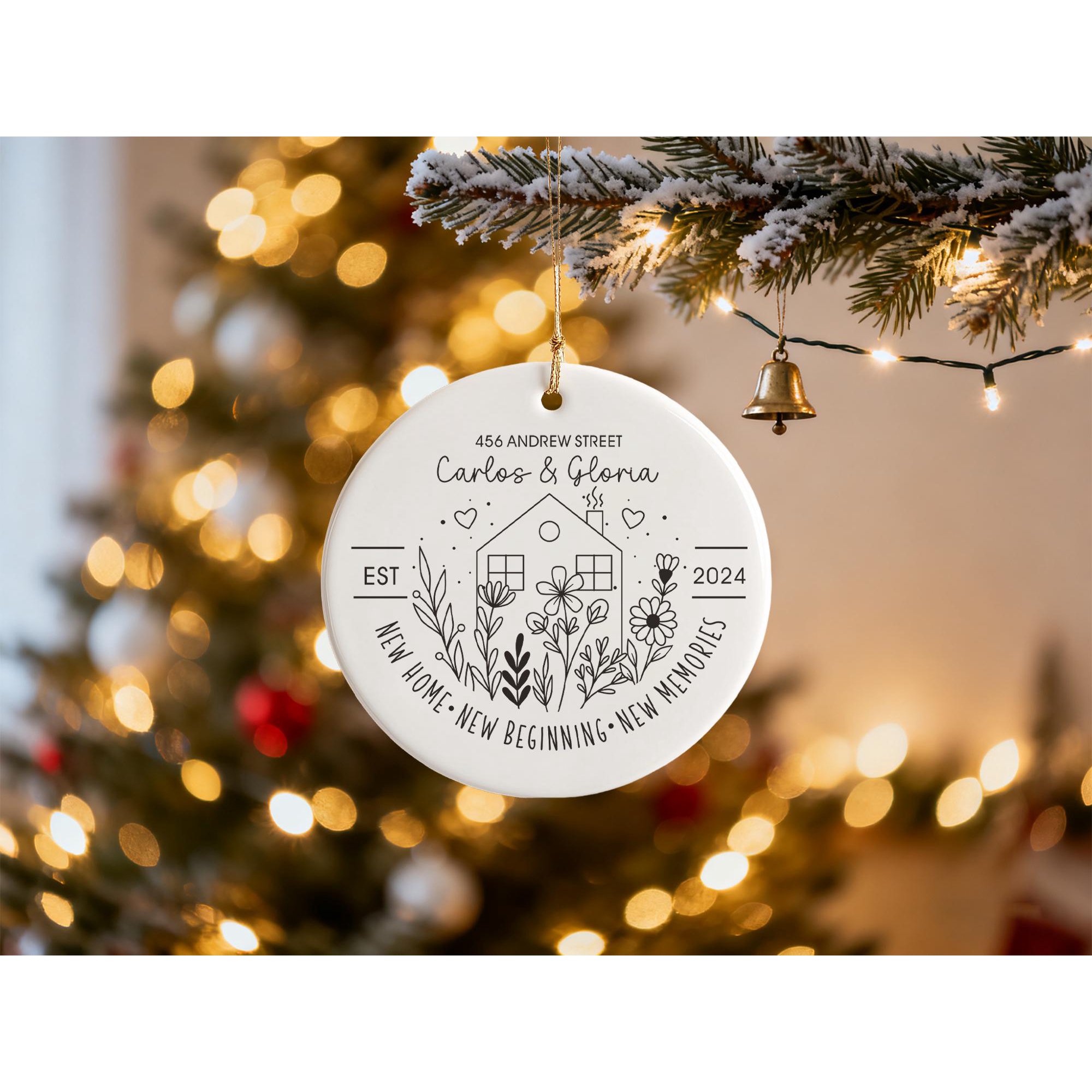 Personalized New Home Ceramic Ornament with Custom Family Name, Address and Established Year, First Christmas Housewarming Keepsake Gift