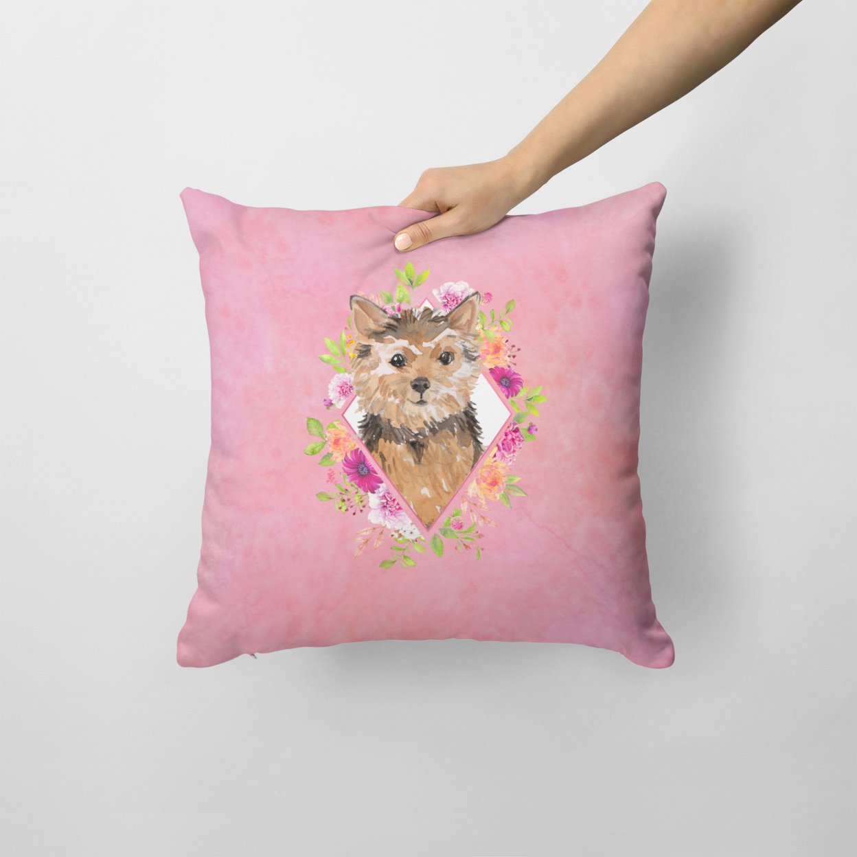 Norwich Terrier Pink Flowers Fabric Decorative Pillow