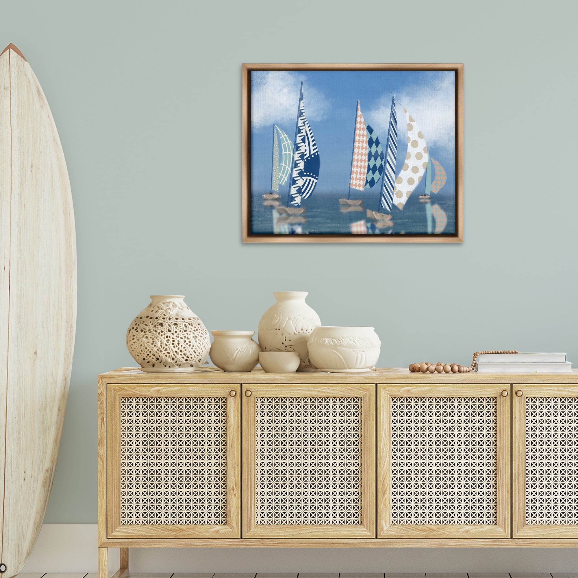 Stupell Industries Patchwork Coastal Sailboats Transportation Painting Brown Floater Framed Canvas Art Print Wall Art, 31 x 25