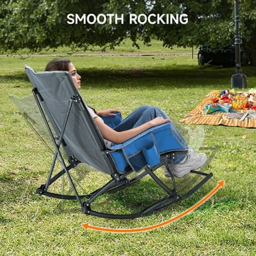 Folding Rocking Camping Chair, Portable Outdoor Rocker with Cup Holder and Phone Pocket, for Patio, Lawn and Garden, Blue (Set of 1)
