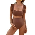 thumbnail image 3 of Deago Maternity High Waist Bikini Set Swimsuit Two Piece Ruffle Sleeve Cute Bathing Suit Ruched Pregnancy Swimwear (Coffee, M), 3 of 10