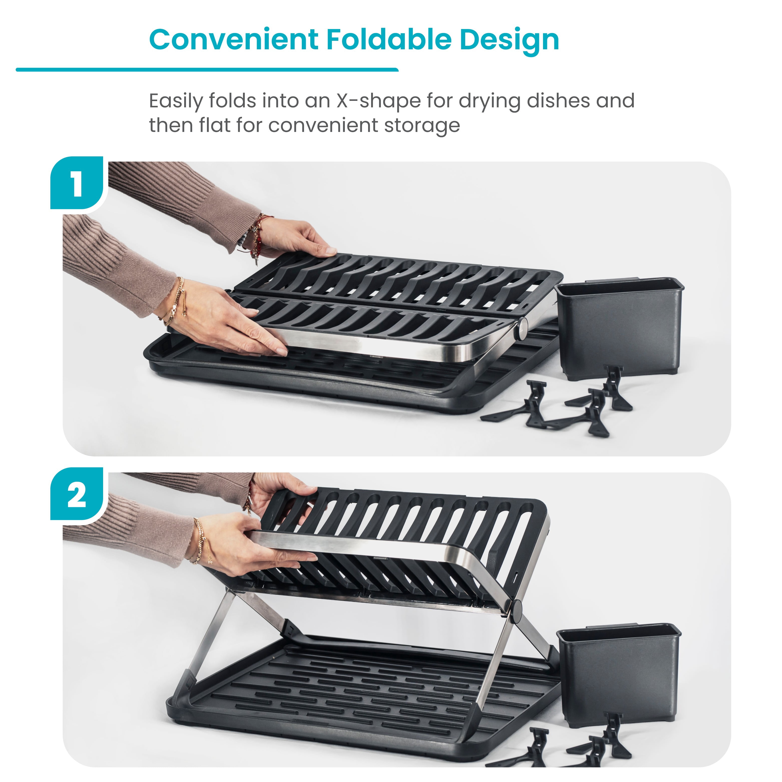 Home Zone Living Foldable X-Frame Dish Drying Rack with Drip Tray and Utensil Caddy