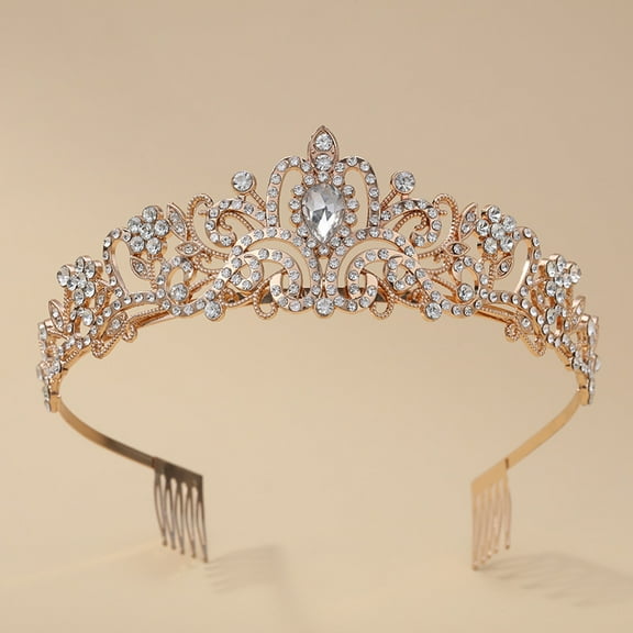 Xiao Hua Golden Diamond Crown Princess Elegant Crown with Comb Women's Headpiece Bridal Wedding Ball Birthday Party Headpiece, 1 piece