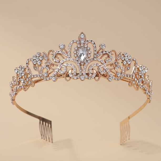 Xiao Hua Corona de diamantes dorados, elegante corona de princesa con peine, tocado para mujer, tocado para novia, boda, fiesta de cumpleaños, 1 pieza