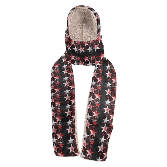 BZSMCE Warm Fleece Hood Scarf Wrap Grunge Red Stars Pattern