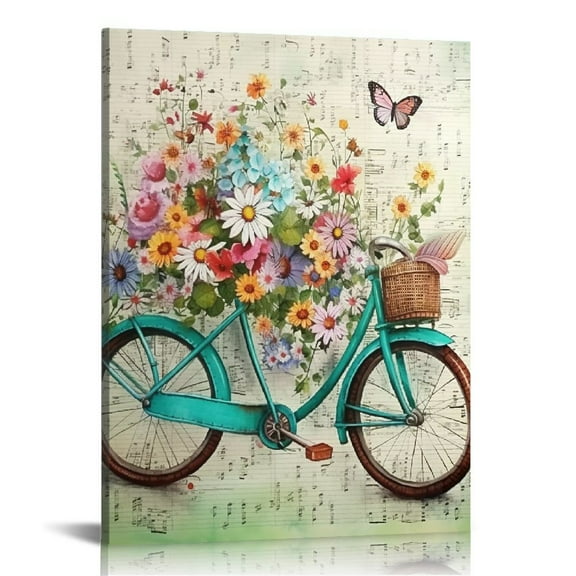 ONETECH Teal Bicycle Wall Art Inspirational Bike Flowers Pictures Wall Decor It Is Well with My Soul Music Canvas Prints Framed Modern Painting Artwork for Bathroom Kitchen Bedroom Living Room