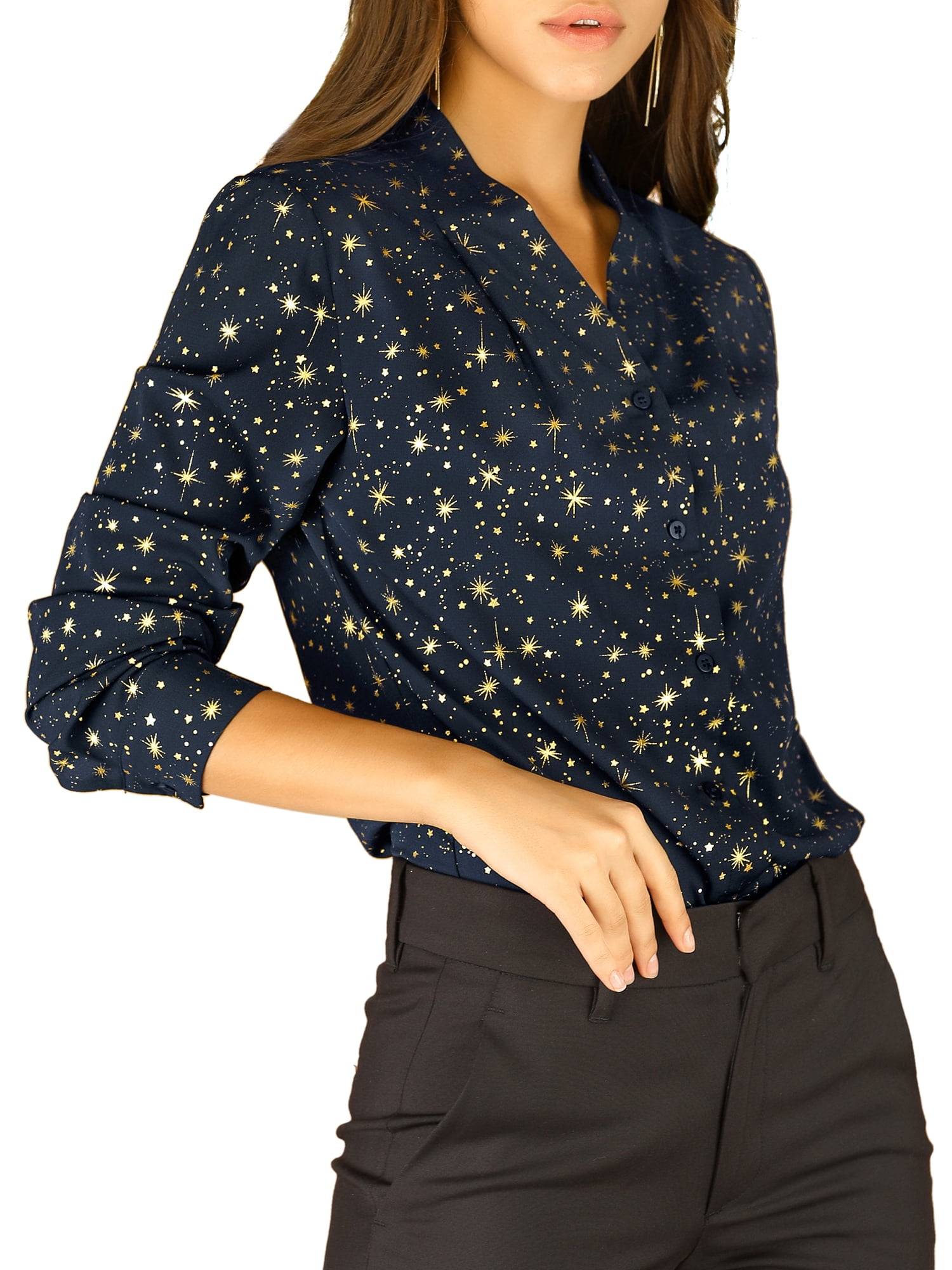 DARING DIVA Stand Collar Metallic Dots Stars Blouse Top M Dark Blue