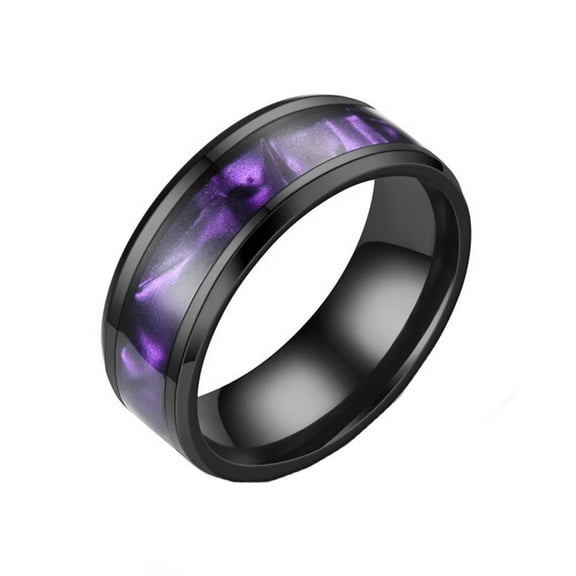 HIJONES Women Men's 8mm Colorful Shell Ring Stainless Steel Couple Engagement Promise High Polished Band Ring Jewelry Comfort Fit Black Purple Size 7