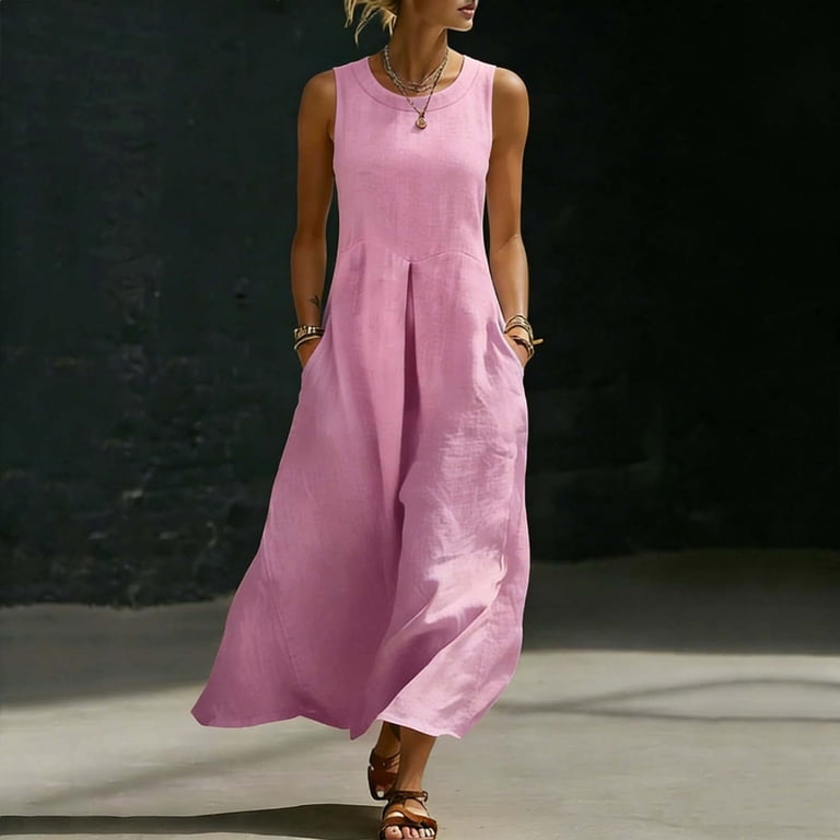 pink cotton tank dress Hinvhai Women's Cotton Linen Sleeveless Crew Neck Maxi Dress Loose Casual Long Tank Dress with Functional Side Pockets Pink M(m), Size: Medium