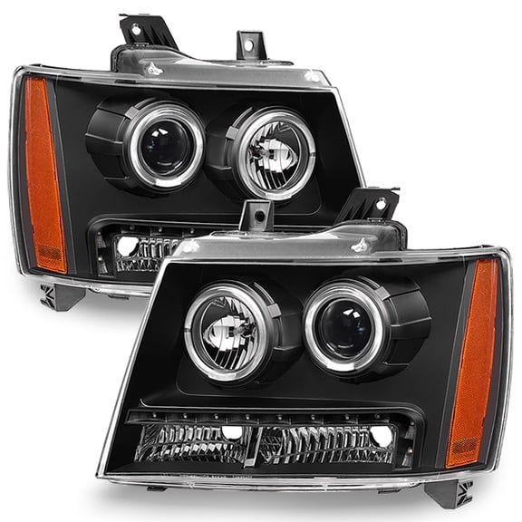 AKKON - For [Dual LED Ring] 2007-2014 Chevy Suburban | Tahoe | Avalanche Black Housing Projector Headlights Lamps Pair