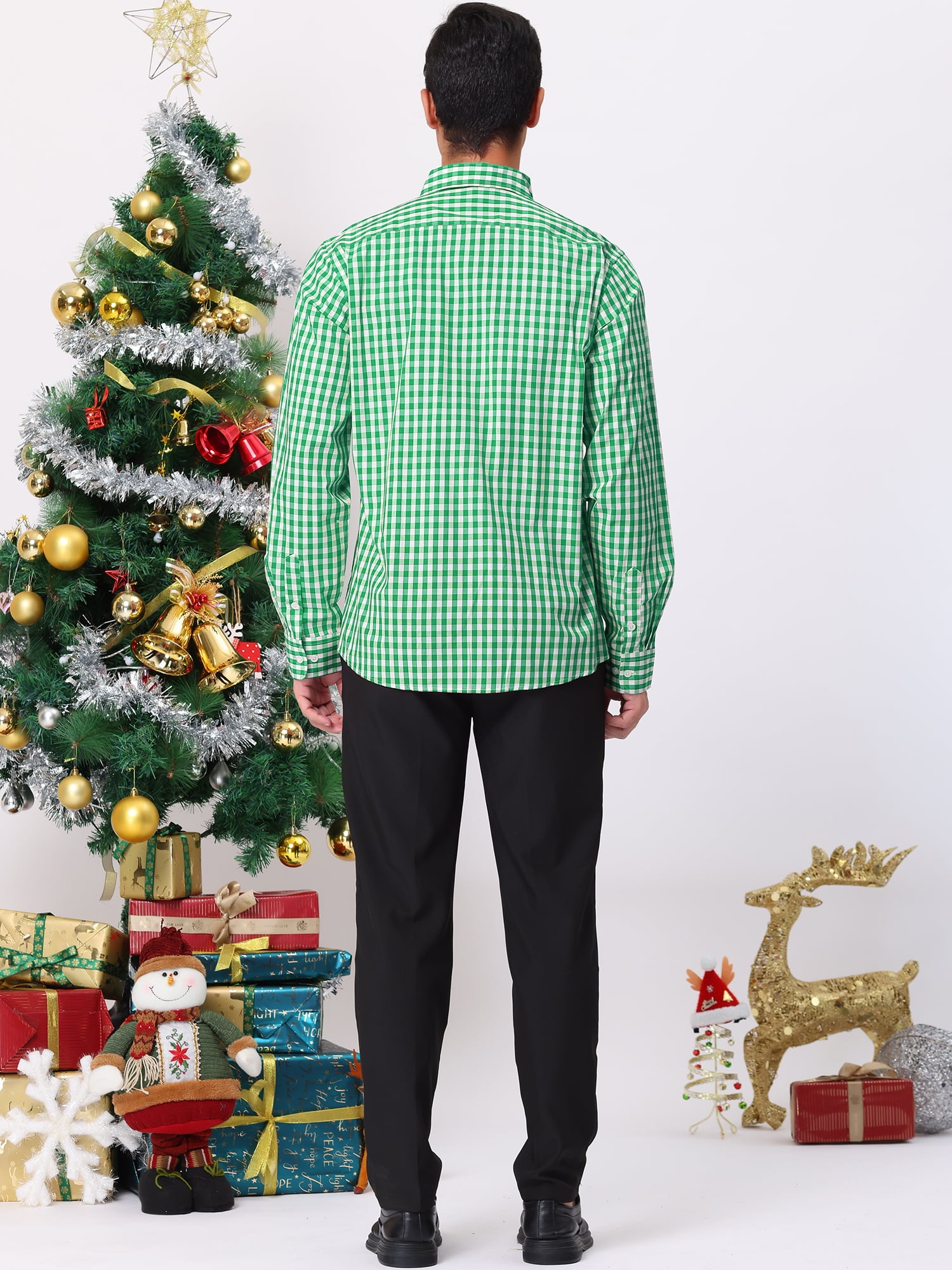 Unique Bargains Men's Plaid Button Down Long Sleeves Dress Checkered Shirts 2XL Green White