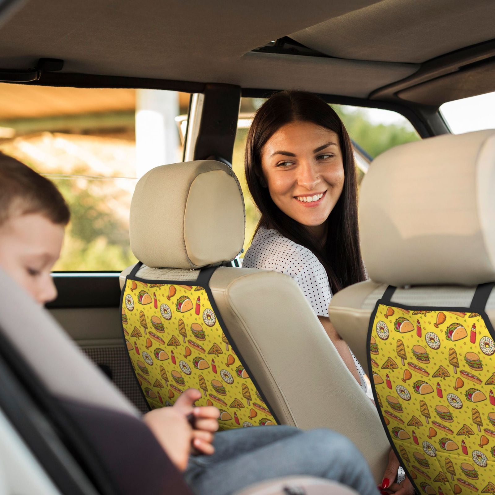 Naloa Fast Food 1 2Pcs Anti-Kick Back Seat Cover Kick Mat, Car Seat Protector with 3 Storage Pockets