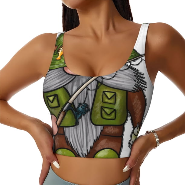 Fotbe Fishing Gnome Sujetador Deportivo Largo sin Aros para Mujer con Almohadillas y Soporte Medio, Transpirable y Absorbente, Camiseta Tipo Chaleco o Tank Top-Small