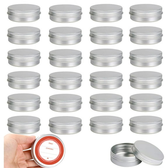 Aluminum Round Cans,Bexikou 24 Pack 2 Oz Round Tin Containers Empty Container Aluminum Tin Jar with Screw Lid and Labels for Crafts, Candle, Balms, Food Storage, DIY