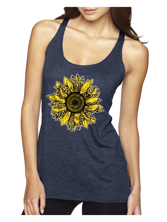 , Artsy Cheetah Leopard Print Sunflower, Fashion, Women Tri-Blend Racerback Tank Top, Vintage Navy, X-Large