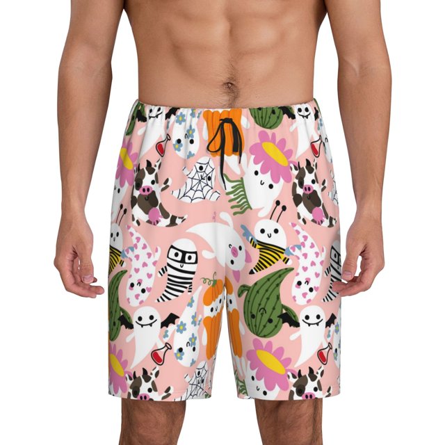 Balery Cartoon Halloween Pantalones cortos de pijama de punto de algodón para hombre con cinturilla y bolsillos-Small