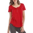 thumbnail image 2 of Mujer Cuello Redondo Top Botón Trim Plisado Busto Manga Corta Tipo Suelto Camiseta Casual Rojo S, 2 of 6