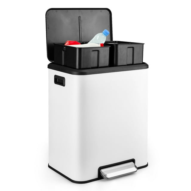 Dual Trash Can, 2 x 4 Gal Stainless Steel Recycle Double Bin Garbage Can with Lid and Inner Buckets