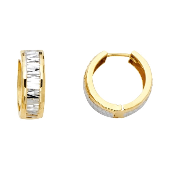 14k Yellow White Gold Huggie Hoop Earrings Round Diamond Cut Stamp Polished Two Tone Small 15 mm