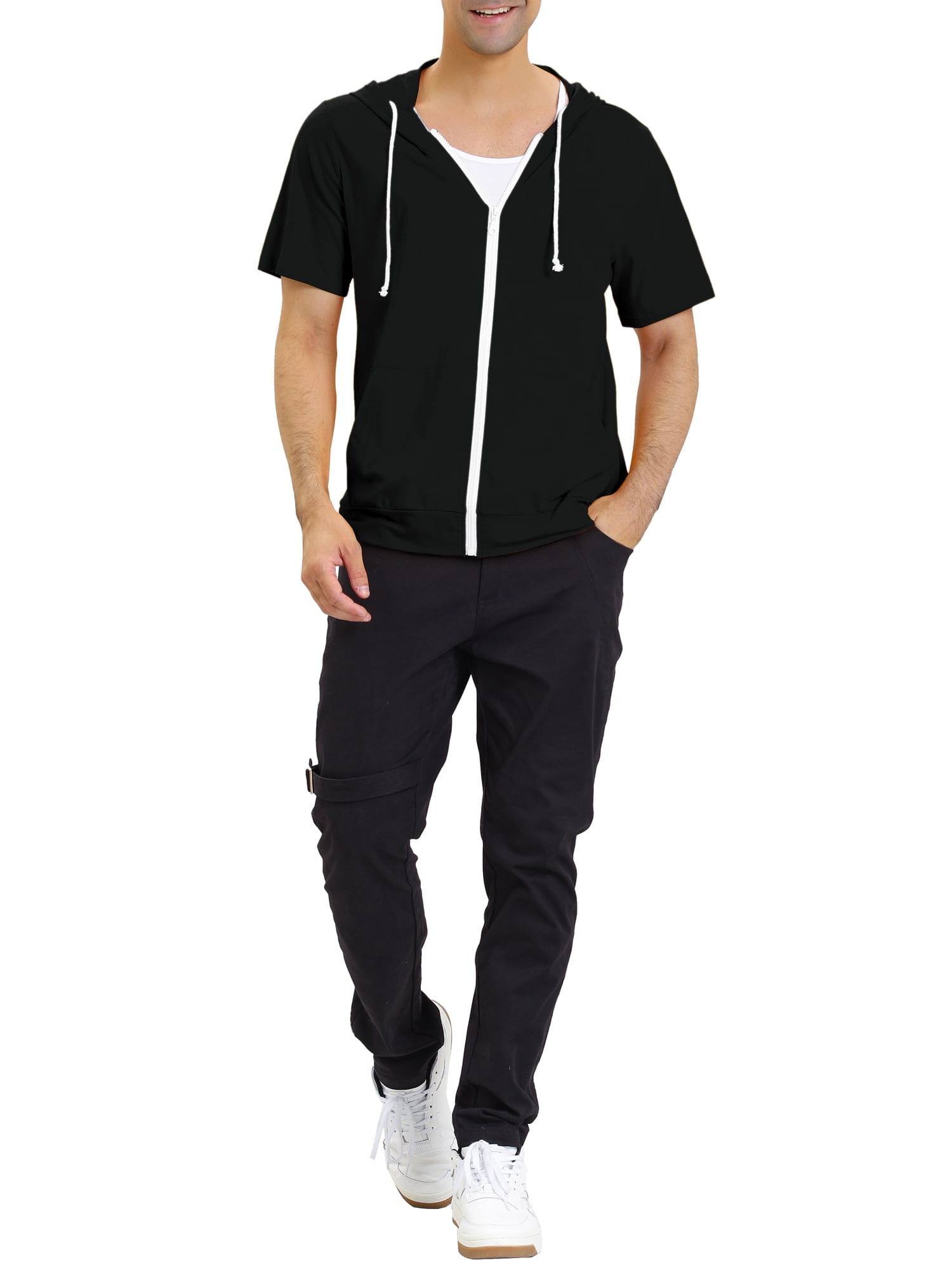 Unique Bargains Men's Short Sleeve Solid Color Zip Up Sport Hoodies M Black