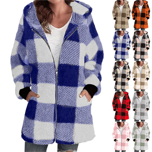 Women's Plaid Fleece Jacket Full Zip Hooded Jackets Fuzzy Fleece Long Sleeve Coat Oversized Winter Warm Sherpa Outerwear with Pockets