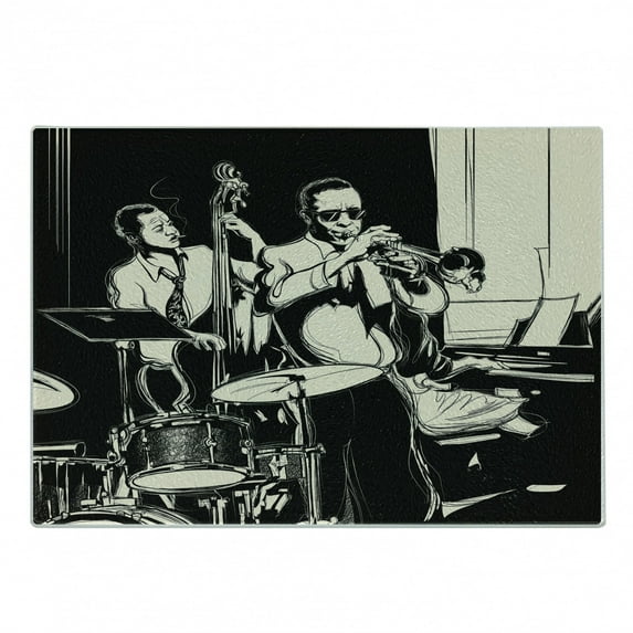 Jazz Music Cutting Board, Nostalgic Theme Band with Double Bass Trumpet Piano and Drums, Decorative Tempered Glass Cutting and Serving Board, in 3 Sizes, by Ambesonne