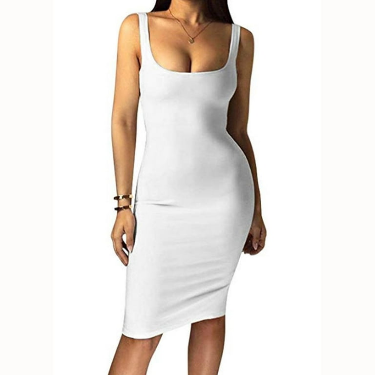 LBECLEY Cute Beach Dresses for Women Top Tank Dress Women s Solid Tight Fashion Sleeveless Color Women s Dress Fitted Dress Women Summer White L