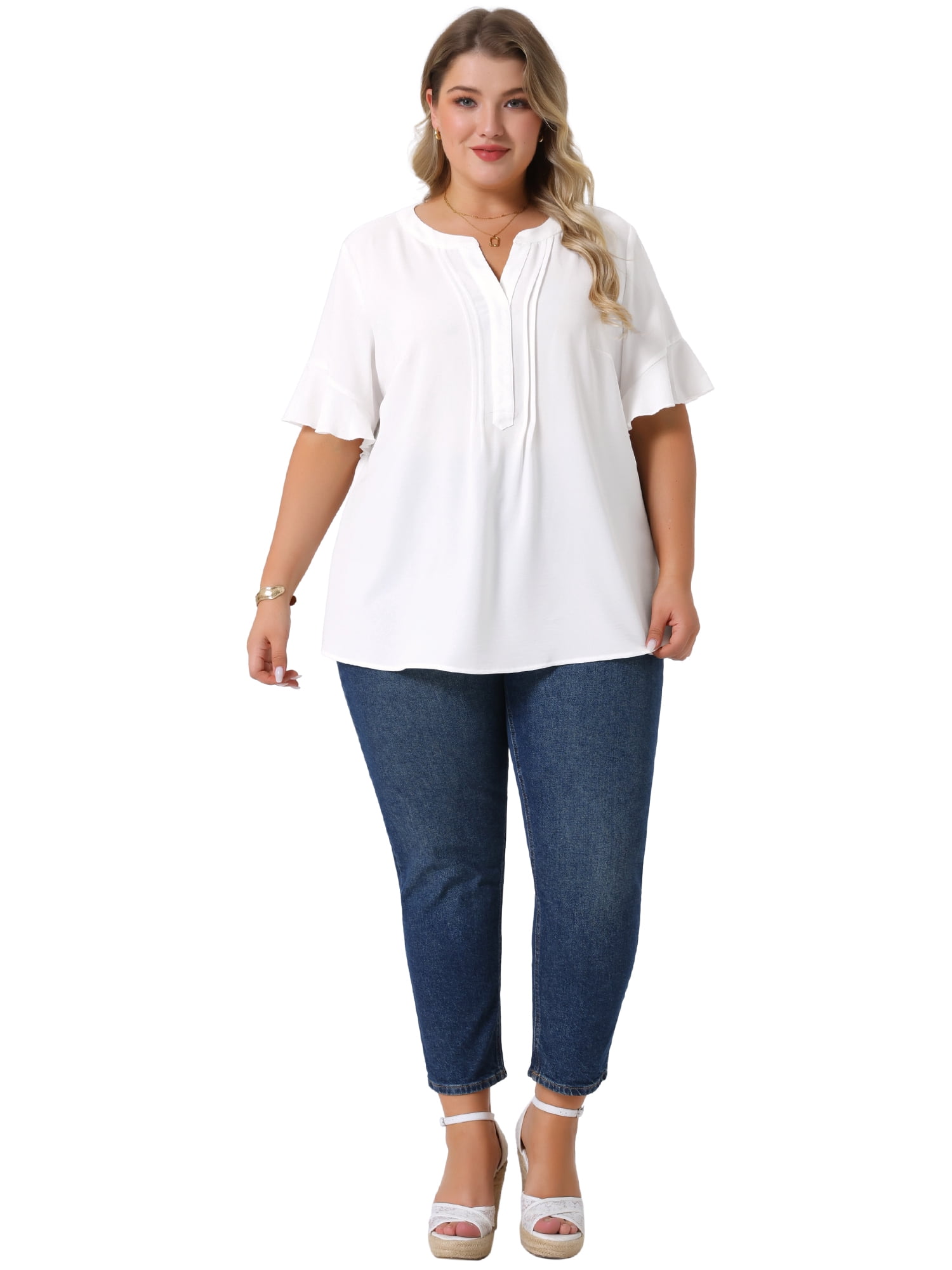 Women's Plus Top V Neck Ruffle Short Sleeve Casual Chiffon Blouse Shirt 4X White