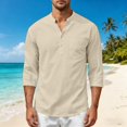 thumbnail image 6 of Awwp Men's Linen Cotton Shirt 3/4 Sleeve Stand Collar Casual Button down Shirts with Pocket Breathable Summer Shirts 8 Colors Available Vacation Beach Shirt Beige Size: L, 6 of 9
