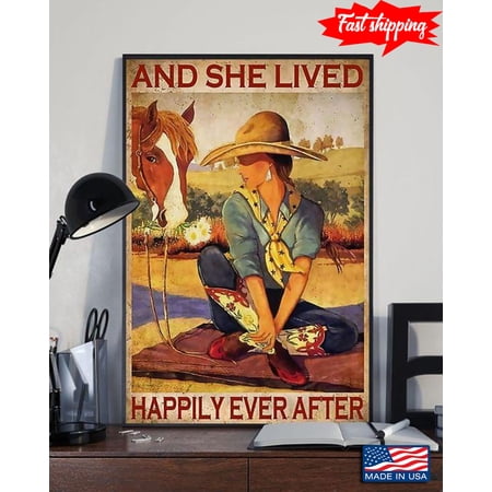 Vintage Cowgirl And Her Horse And She Lived Happily Ever After 16 x 24 Inch Poster