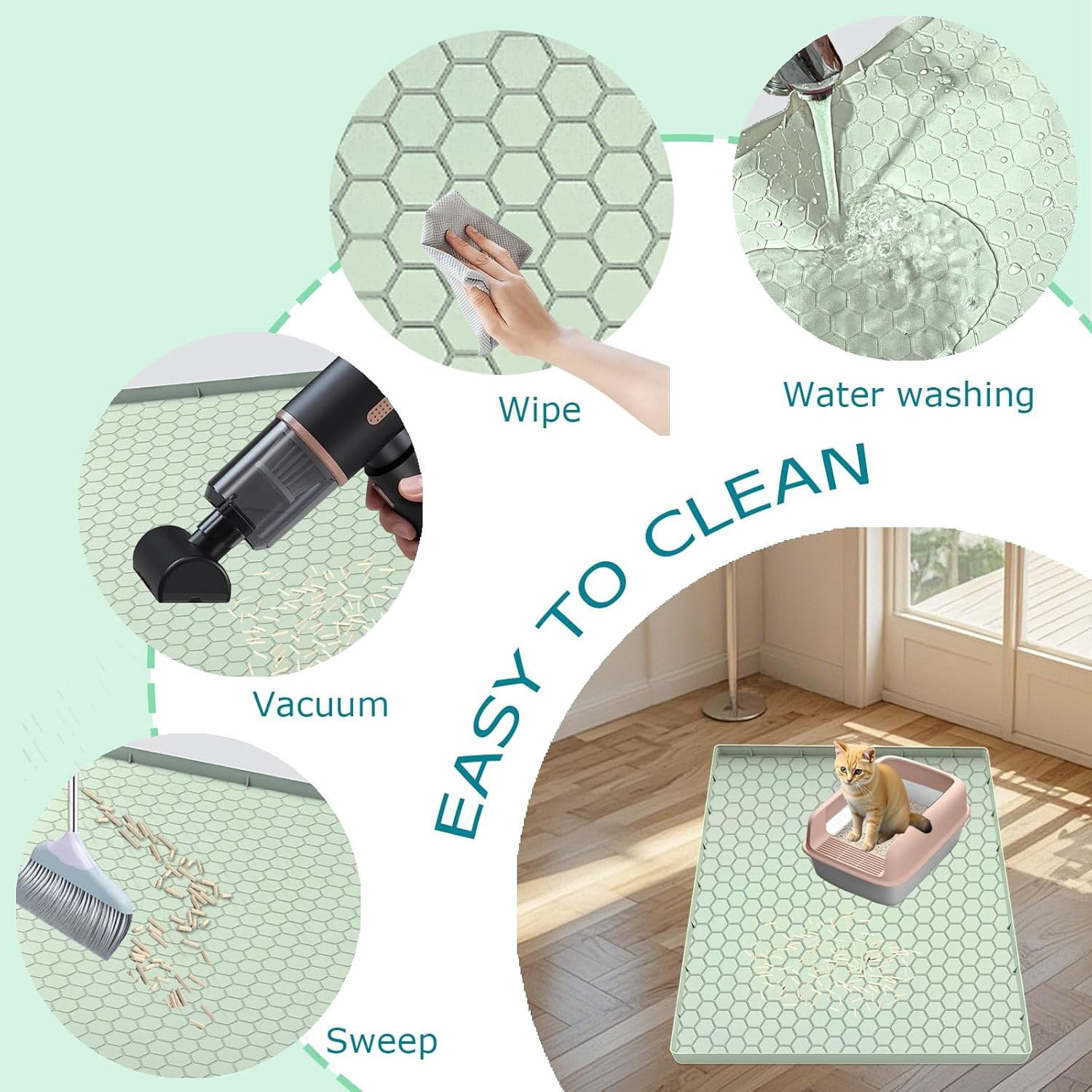 Litter Mat for Litter Box,  Large  Litter Trapping Mat - 28x19 in,  & Non-Slip, Durable & Easy Clean, Green