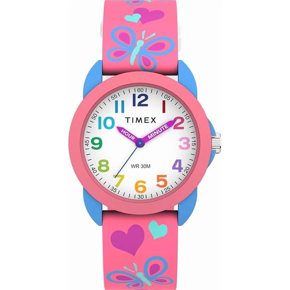Timex Youth Kids Time Teacher 30mm Watch - Pink Strap White Dial Blue Case