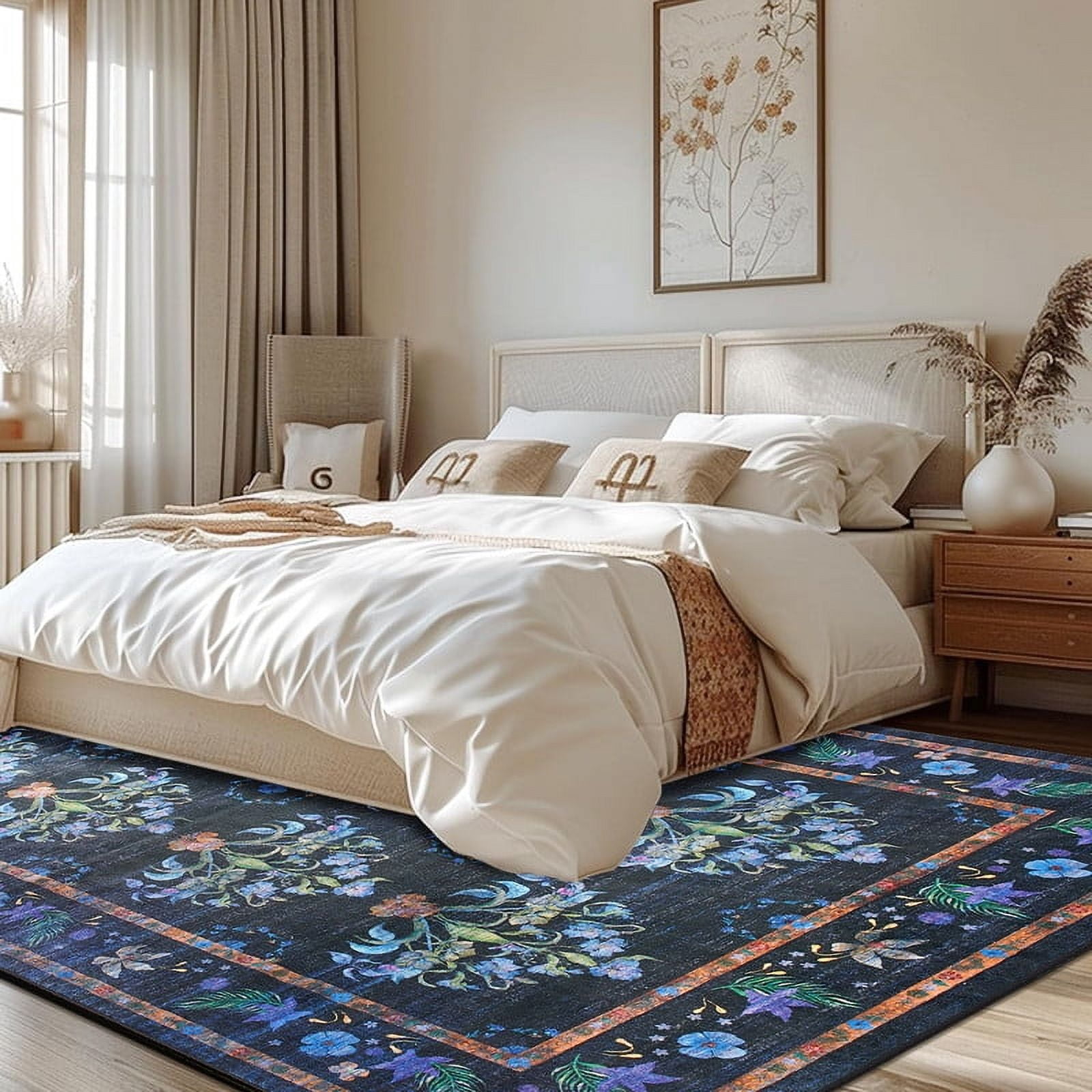 Jamfeel Rugs for Living Room Classic Boho Floral Print Floor Carpets Soft Low Pile Non-slip Washable Area Rug 4'x6' Black