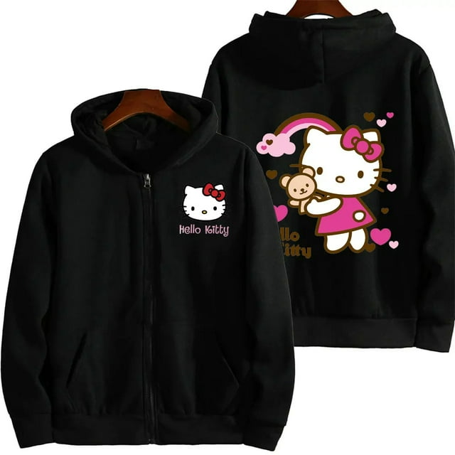 Women's Zipper Hoodie Autumn Winter Cute Kawaii Sanrio Hello Kitty Pattern Sweatshirt