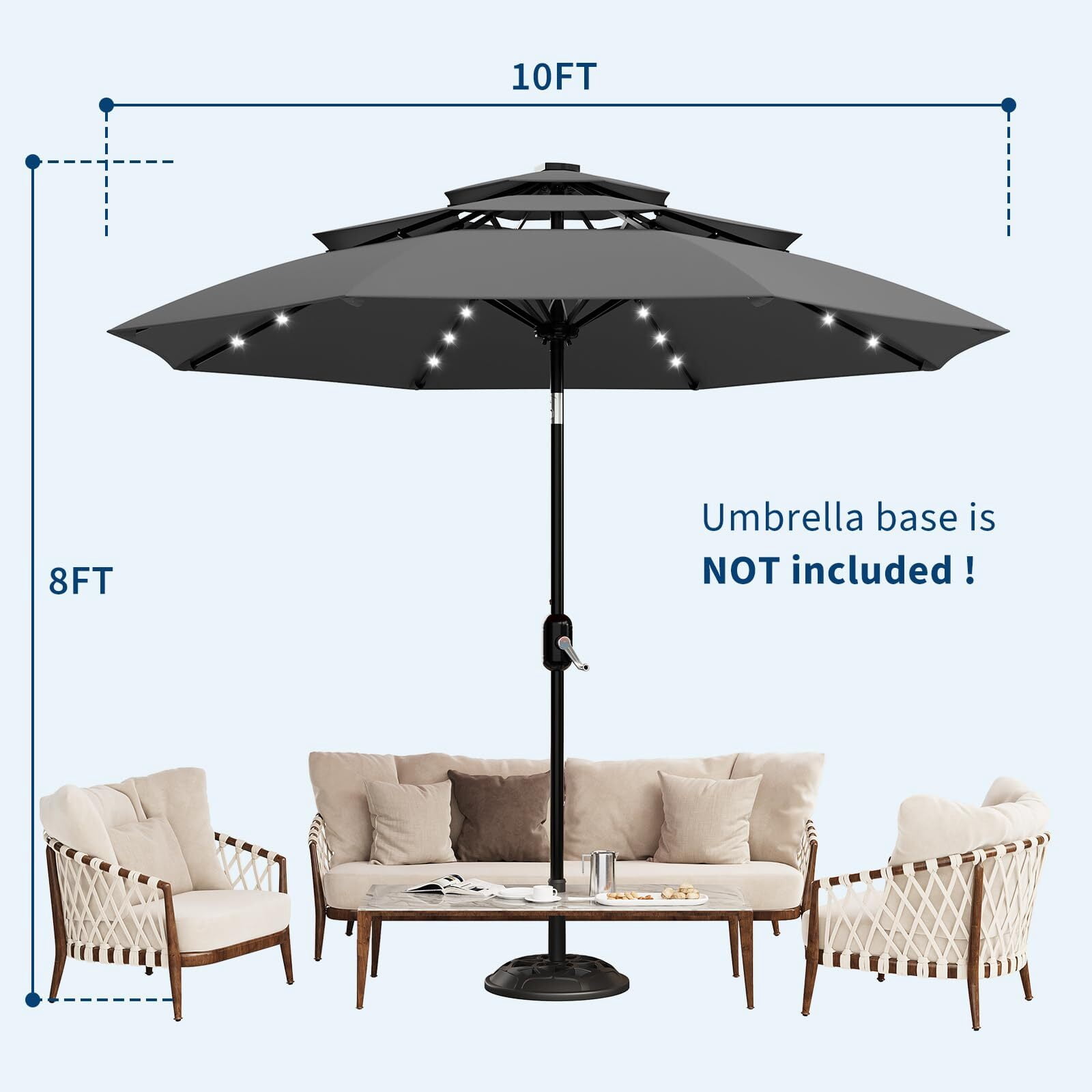 Emorefun 10ft Outdoor Table Umbrella, Portable Patio Umbrella with Solar Lights and 3-Tier Vents, Gray